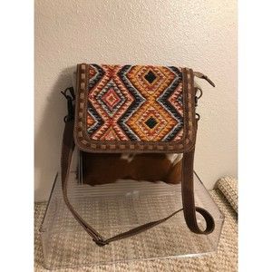 Handmade Vintage Myra Hand Tooled Leather Repurposed Rug & Cowhide Crossbody
